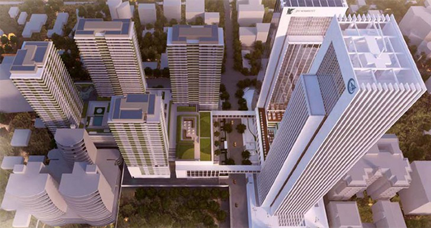 The complex is planned to include a 43-level office tower, a 35-level hotel, four apartment towers, two commercial podiums and two bridges.