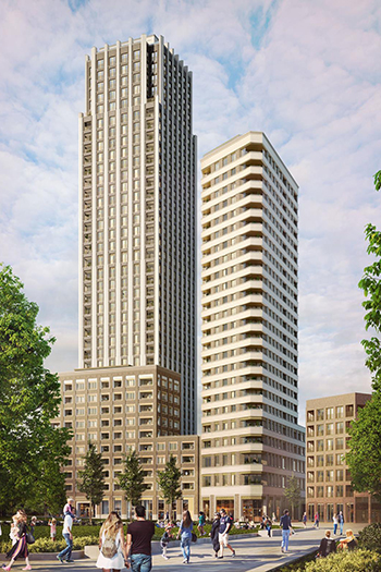 A 39-story, brick-clad residential tower is the centerpiece of a three-building scheme in the opportunity area that will include a total of 372 homes, retail, workspace and café.