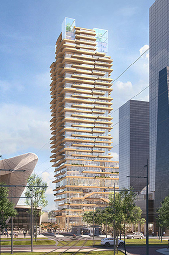 The 37-story scheme is being billed as the tallest hybrid timber structure in the Netherlands and will feature significant amounts of reused and recycled materials as well as rainwater collection.