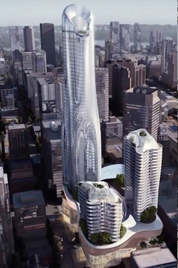 Currently, two varying architectural concepts have emerged, with each illustrating a mixed-use redevelopment concept and an immense scale. (OMA / Brooklyn Digital Foundry)