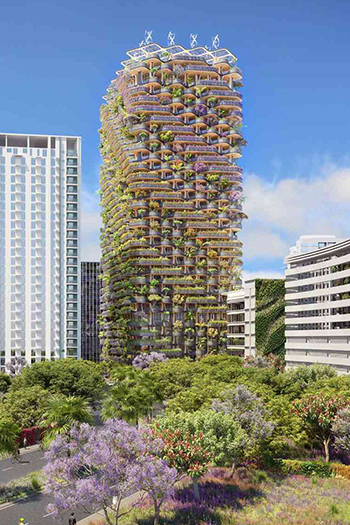 The 32-story, 115-meter high Rainbow Tree is an ode to the Eucalyptus Deglupta, also known as Rainbow Eucalyptus, an iconic and colorful tree in the Philippines.