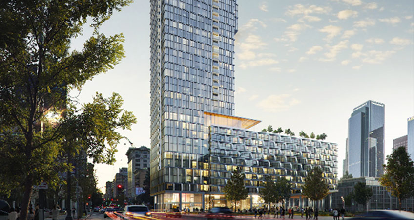 The entrance to the future Metro Regional Connector station is integrated into a paseo at the ground level of the project.