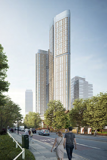 A skybridge will connect the towers between their 26th and 34th floors while a podium with a sizable hotel, retail, and some office space will link them at their respective bases.