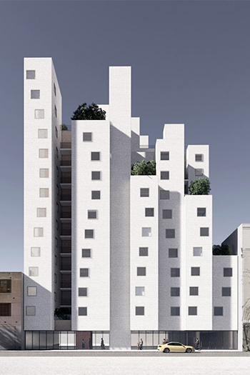 The 14-story timber building would replace a five-story apartment structure at 609–623 East 5th Street on Skid Row.