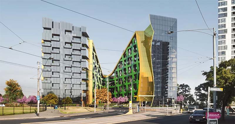 When built, the 15-story building with a camouflage pattern is expected to become the backdrop for the Melbourne Cup at 428-550 Epsom Road, Flemington.