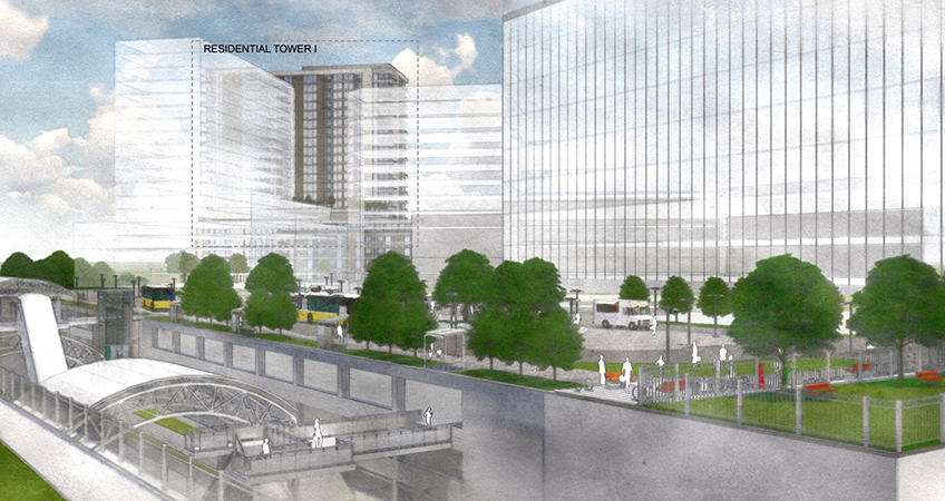 Four towers are planned on what are now the parking lots for the DART light rail station.