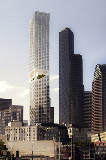 The residential building has a carved void halfway up that serves as an elevated private park.