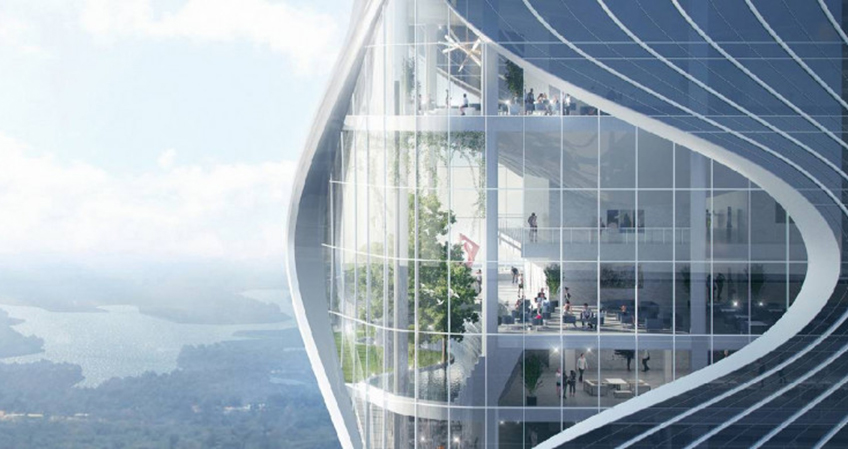 The tower features eye-like structures at the top and middle.