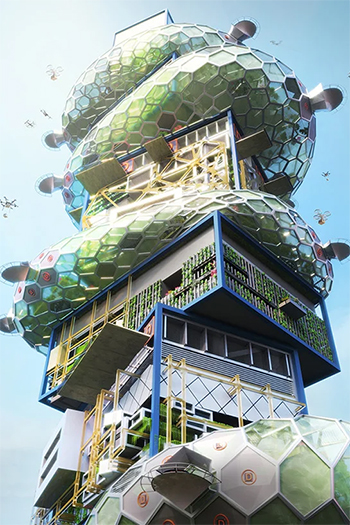 The proposed prototype would combine food, social, and amenity spaces into a stacked skyscraper. Images by noiz architects.