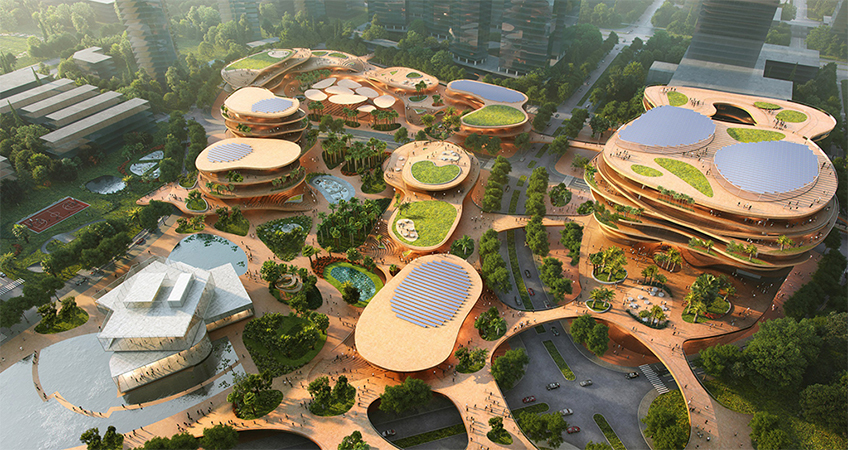 The largest building is carved out in its center to form an open-air atrium.