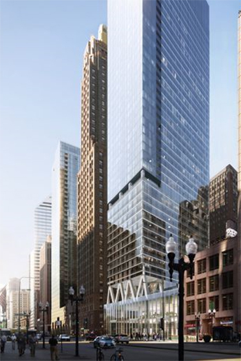 An artist's rendering shows a proposed 47-story residential and hotel tower at 300 N. Michigan Ave. The proposal includes 280 hotel rooms, topped by 289 residential units (Sterling Bay and bKL Architecture).