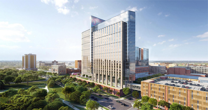 The glass-and-brick structure in the new hospital is designed to maximize the amount of light in patient rooms.