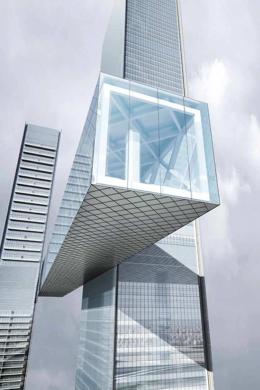 The twin towers are connected by one of the world's longest cantilevered skybridges. Copyright: Nikken Sekkei.