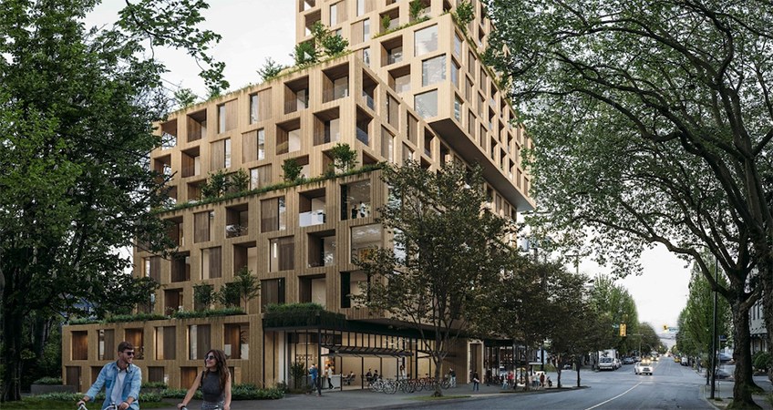 2020 artistic rendering of the revised design for 3701-3743 West Broadway, Vancouver. (Leckie Studio Architecture + Design / Westbank)