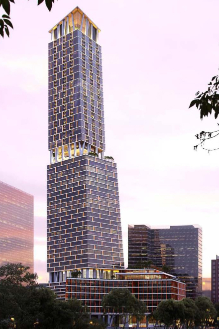 Looking east towards the tower and its surroundings from Lady Bird Lake. Image: LPC / Kairoi / KPF / HKS.
