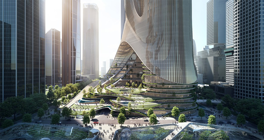 The tower's stepped podium will offer new public space in the dense city.