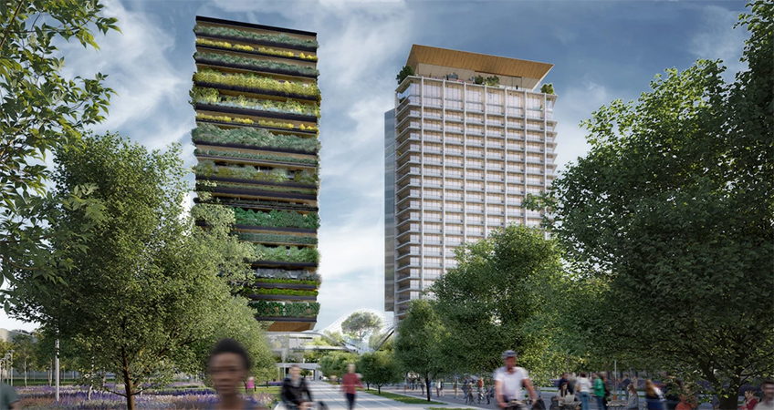 The old Pirellino office tower and the new greenery covered skyscraper will be connected by a greenery-filled bridge