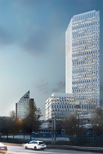 The office tower, which is expected to reach completion in early 2022, will be among the tallest office buildings in the Nordic region at 144 meters high.