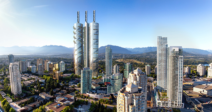 Use-neutral tower rendering looking north in Burnaby, B.C., Canada Rendering courtesy of B+H Architects