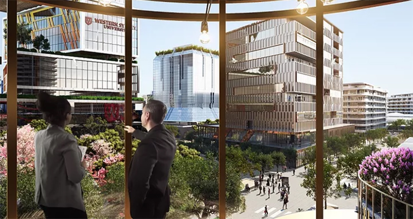 A view of the new Western Sydney University campus and other developments in the future CBCity.