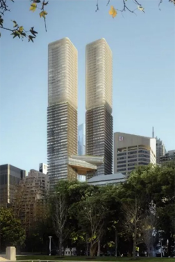 Han's Group development plans for an 80-story twin skyscraper comprising 592 apartments and a hotel on Pitt Street.
