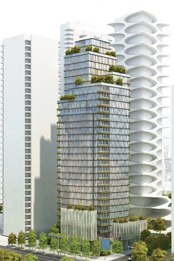 The tower's height, which is lower than its neighbors, was designed in response to Vancouver's skyline.