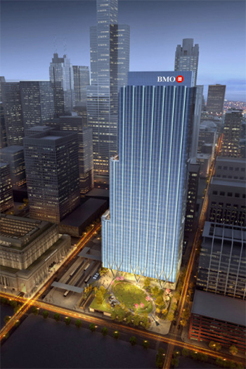 A move by the Chicago City Council may allow for more branded signs atop office high-rises, like the one planned at BMO Tower. The signage would be limited to the building's top. (c) Goettsch Partners.