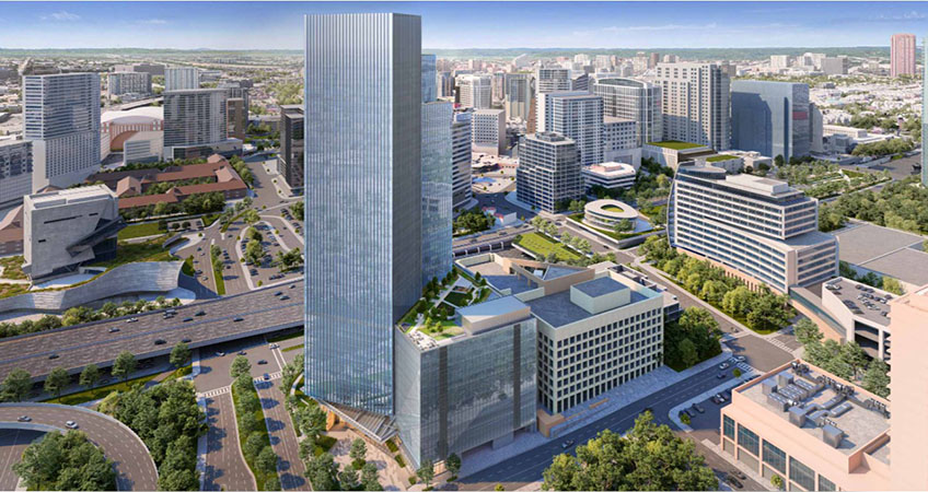 Field Street Tower's skylobby leads to the building's .40 hectacre greenspace providing views and seating areas.  Image credit: Hillwood Urban