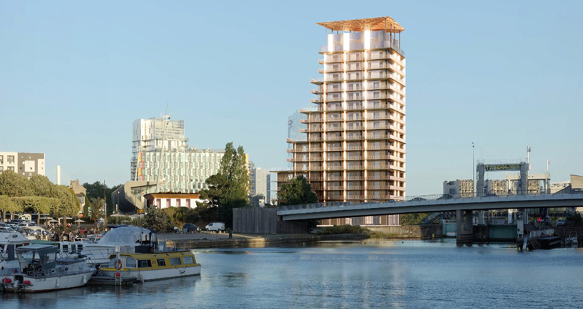 The project includes 62 housing units, five urban lodges, three shops on the ground floor, a bar on the rooftop terrace and a Nordic pool 50 meters long. Image credit: LG-A - Giboir