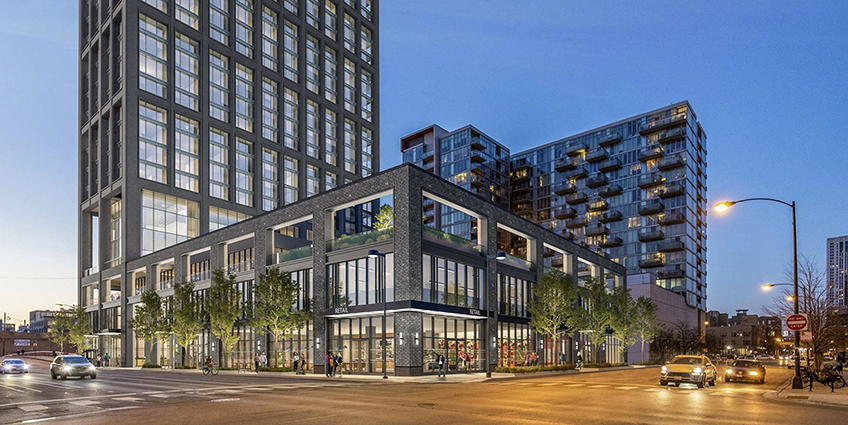 At 640 W. Washington in Chicago, the building will have three residential zones stacked vertically, with a different façade  and massing articulation for each one. Image credit: Hartshorne Plunkard Architecture