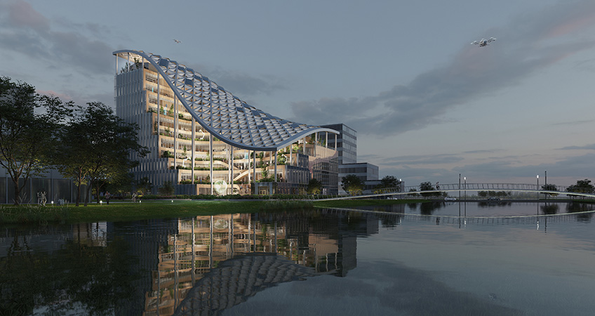 The Lankuaikei Agriculture Development Headquarters in Shanghai, an 11-story terraced office building, brings together both high- and low-tech sustainability strategies under a swooping technological roof to create a showcase for the agriculture technology company. Image credit: MVRDV.