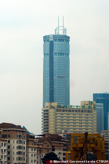 The building's masts were found to be the cause of the shaking experienced at SEG Plaza in Shenzhen. Photo credit: Marshall Gerometta via CTBUH