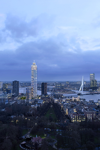 De Zalmhaven I, a residential building in Rotterdam, plans to reach a final height of 215 meters. Image credit: Brick Visual