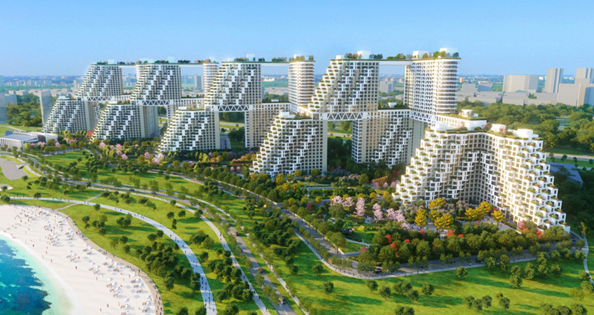 Habitat Qinhuangdao is organized into a series of linked residential blocks along the shore, conceived to accommodate increased density. Image credit: Safdie Architects