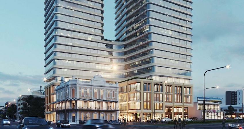 An atrium will link the old Newmarket Hotel with the new towers providing 