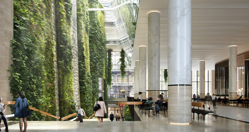 With a redesigned ground level experience, 60 Wall Street will feature an open, light-filled, and verdant atrium. Image credit: Kohn Pedersen Fox