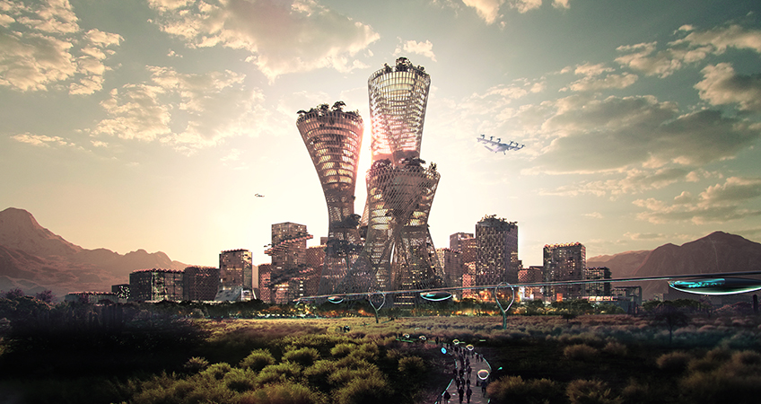 Equitism, a tall viewing tower, would rise from the center of Telosa. Image credit: BIG and @bucharest.studio/Bucharest studio