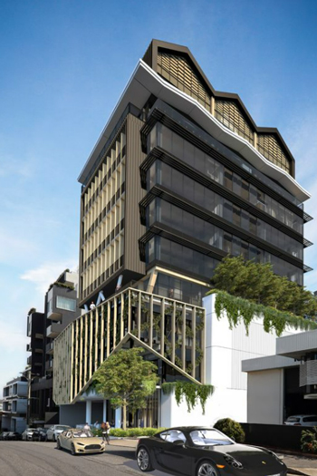 The residential element atop 12 Kyabra Street in Brisbane is inspired by warehouse roofs. Image Credit: Cottee Parker Architects.