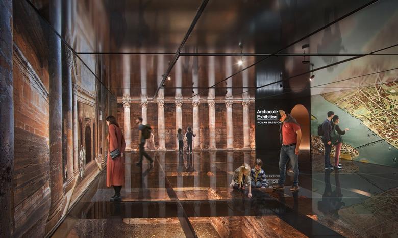 Rendering of the exhibition space displaying the found Roman ruins. Image courtesy Woods Bagot