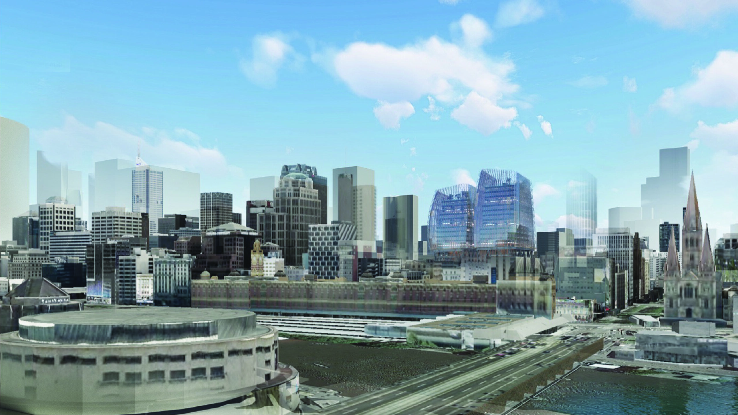 Figure 3. The “Melbourne Mallee” is a prototype cluster of three 10-to-14-story, steel-timber hybrid extensions on top of existing buildings in Melbourne. Their interconnections and planted skygardens begin to form a new city district, at height.