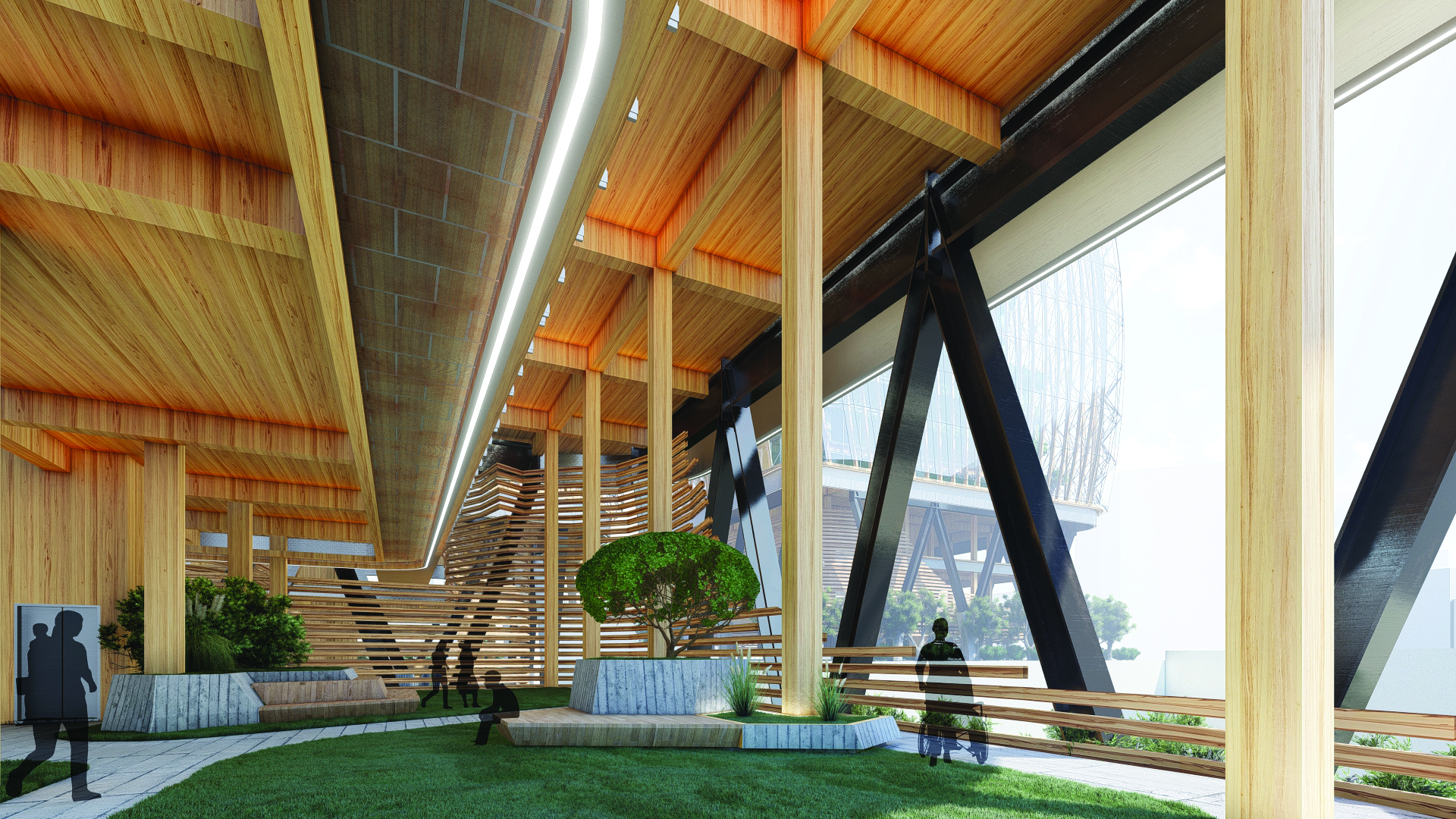 Figure 5. A double-height skylobby expresses the structural transition between the lower building and the upper building, using V-shaped columns to allow for structural alignment vertically between buildings.