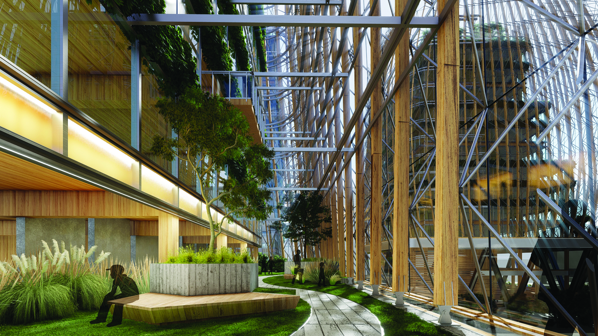 Figure 6. The skylobby would contain public recreation, café, and retail spaces, with a view to the exposed timber structure and a sense of volume.