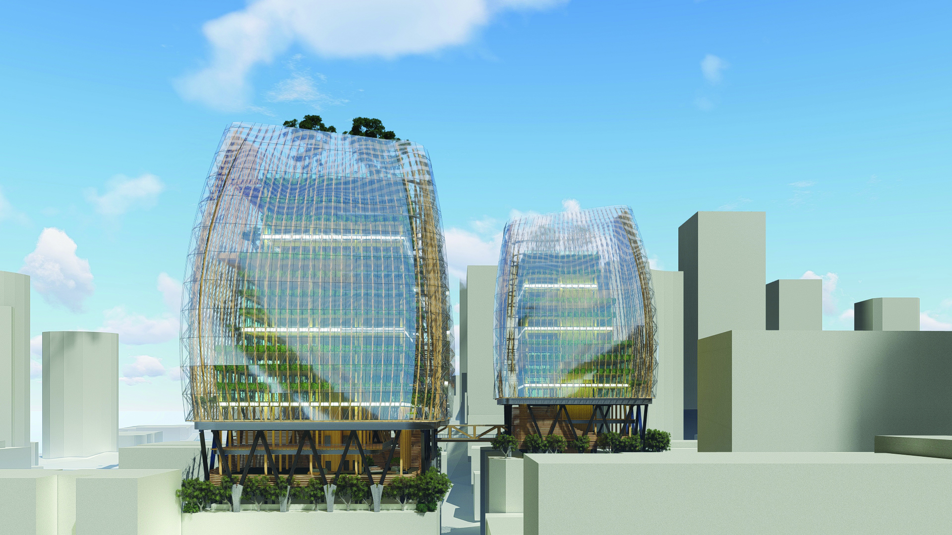Figure 7. The towers’ outer skin places a veil of glass along bent timber mullions. The angle and orientation of each skin is unique to the building’s sunlight and ventilation requirements.
