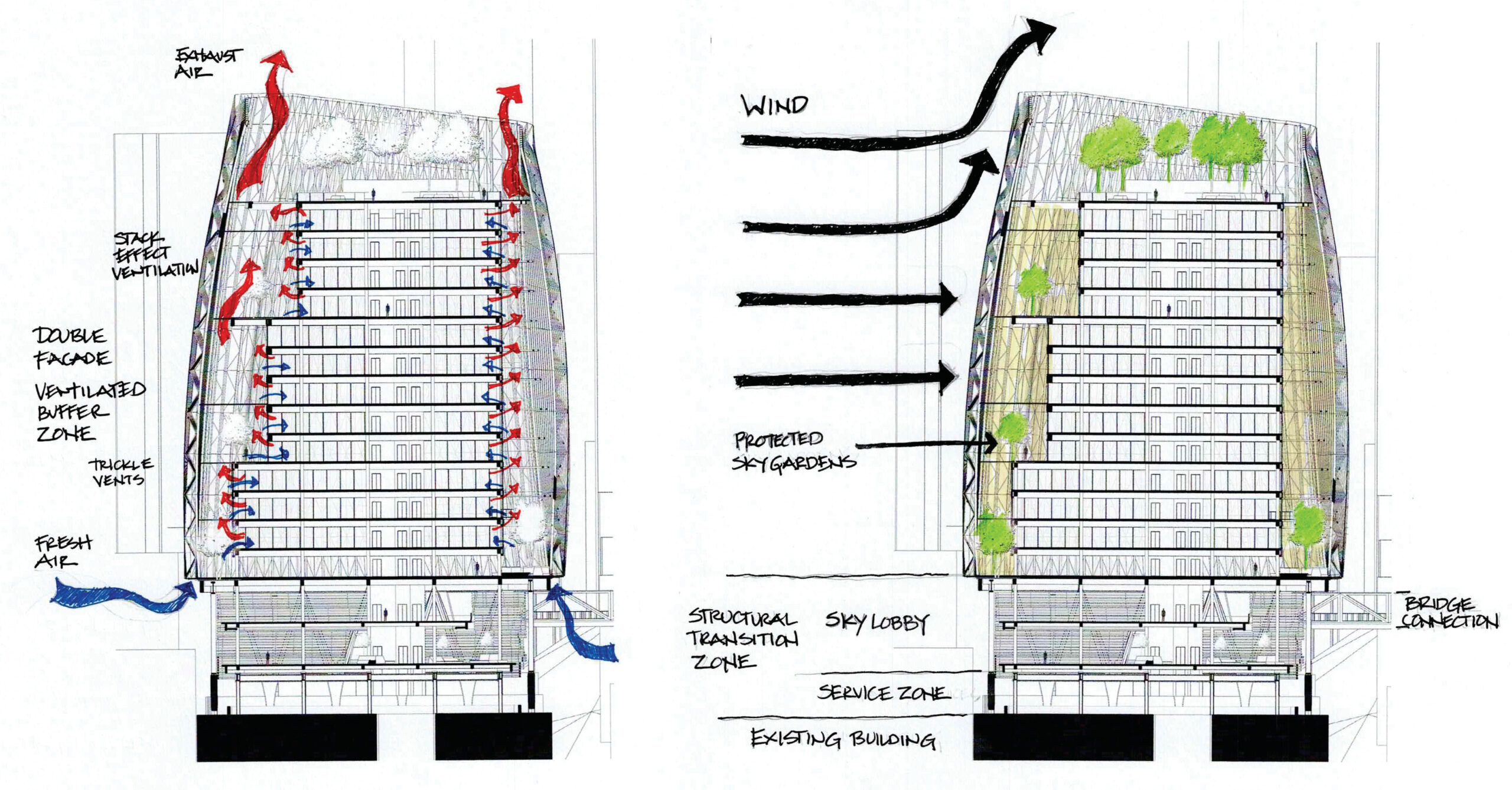 Figure 8. The buildings’ double skins are more than aesthetic in purpose. They actively guide fresh air through the building using the stack effect.