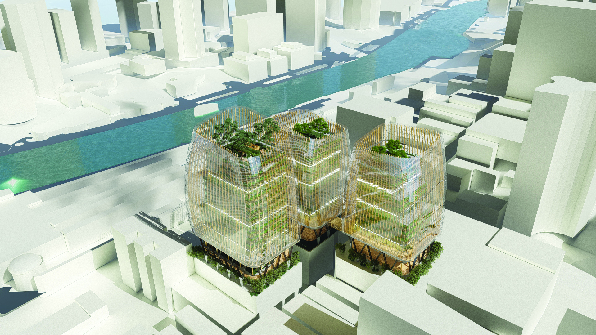 Figure 1. The authors studied the potential to raise extensions on three existing buildings in the Melbourne central business district. Three axonometric drawings, two involving sectional cuts, illustrate the composition of the structures. A V-shaped exoskeleton in steel envelops stacked mass timber floor plates. This is then encased in a timber-framed glass veil.