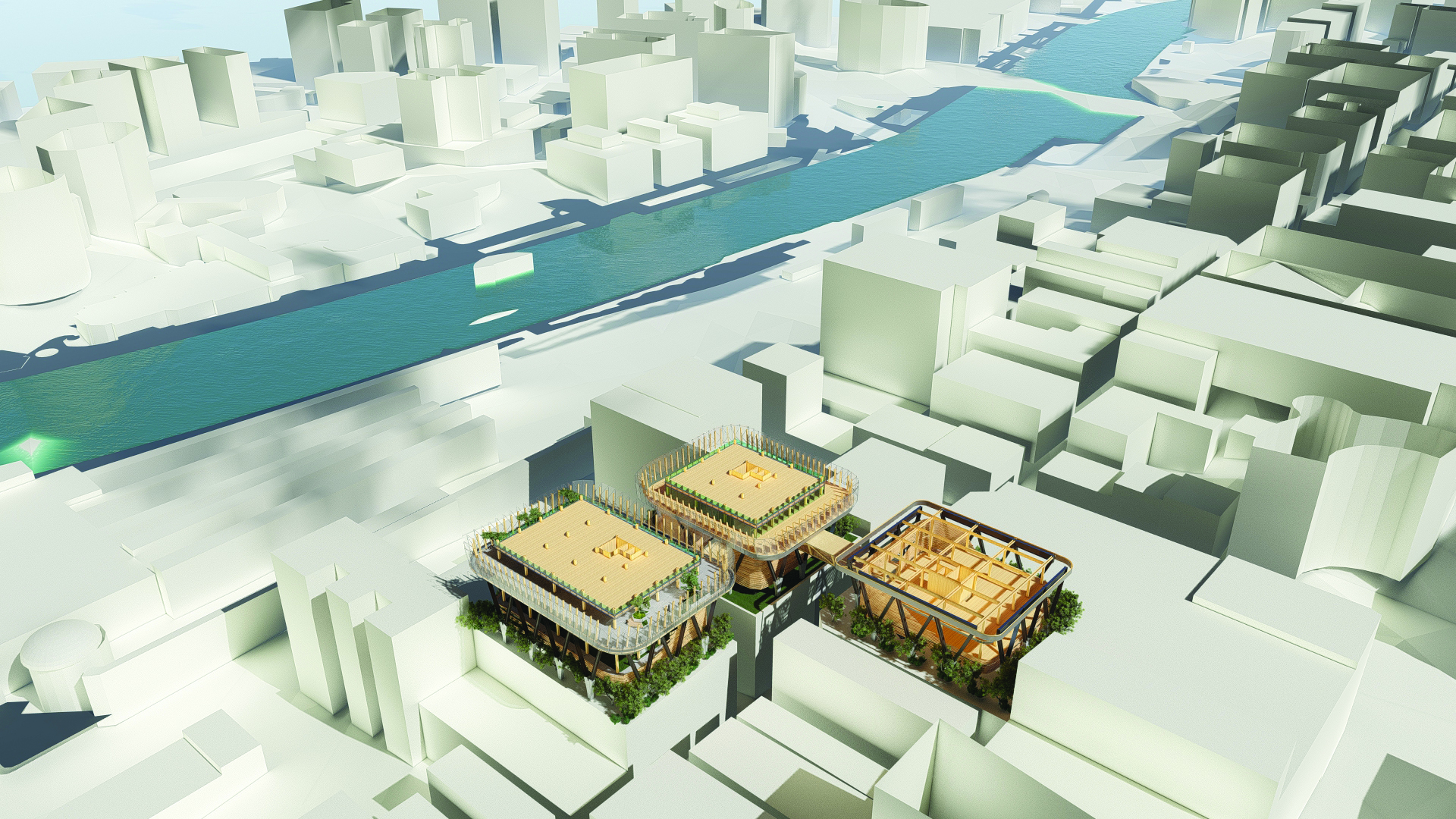 Figure 1. The authors studied the potential to raise extensions on three existing buildings in the Melbourne central business district. Three axonometric drawings, two involving sectional cuts, illustrate the composition of the structures. A V-shaped exoskeleton in steel envelops stacked mass timber floor plates. This is then encased in a timber-framed glass veil.