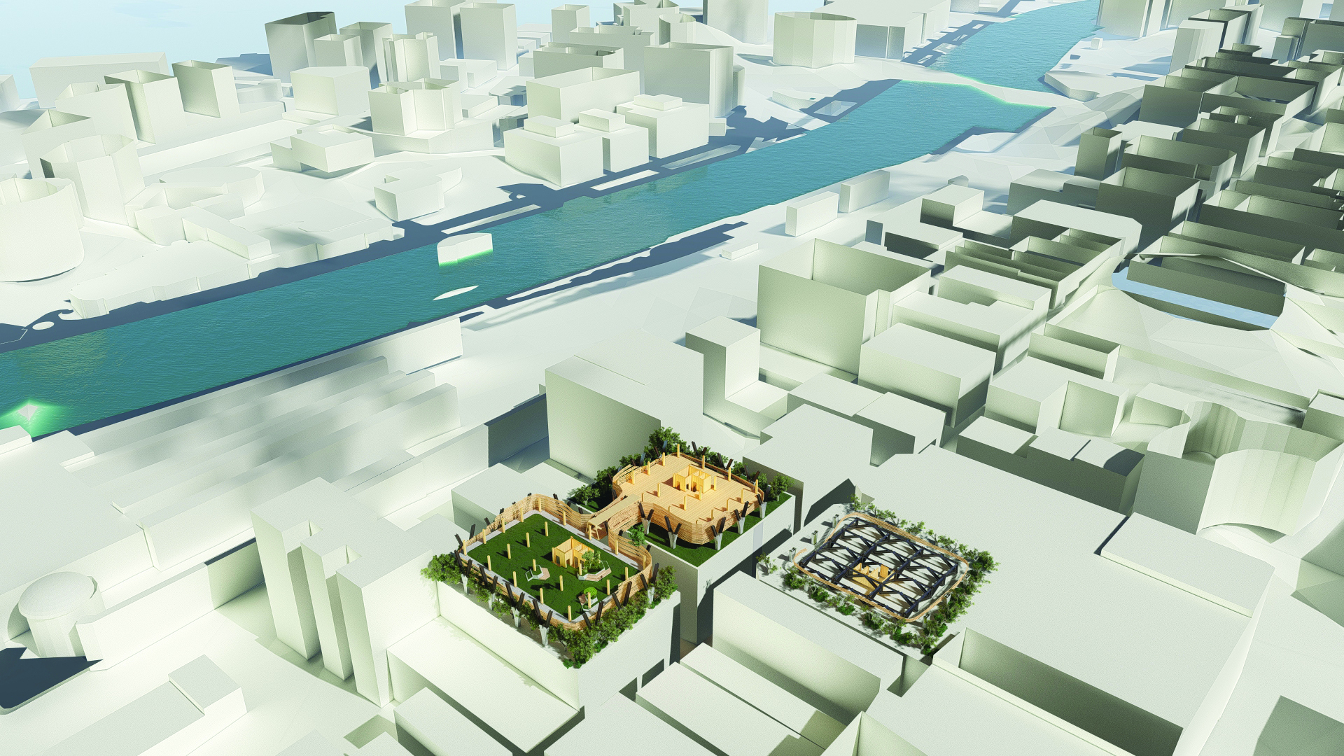 Figure 1. The authors studied the potential to raise extensions on three existing buildings in the Melbourne central business district. Three axonometric drawings, two involving sectional cuts, illustrate the composition of the structures. A V-shaped exoskeleton in steel envelops stacked mass timber floor plates. This is then encased in a timber-framed glass veil.