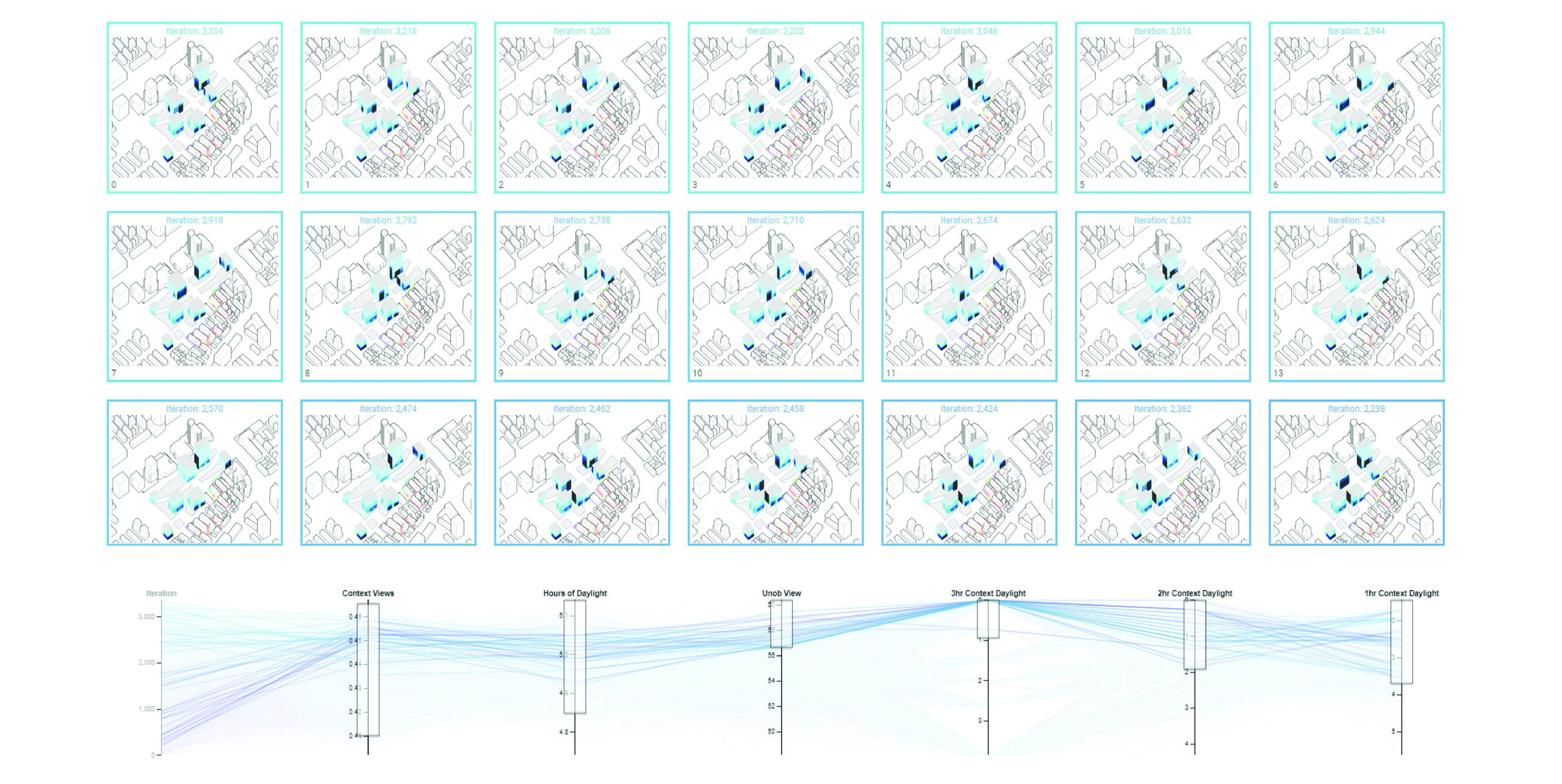 Figure 7— West Lake 66: Sample of computationally generated massing options, ranked by performance.