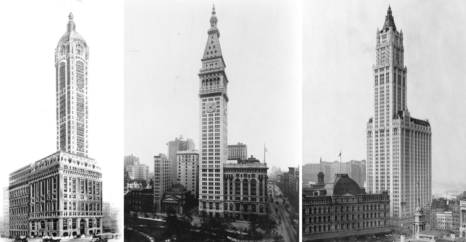 Figure 5. The world’s tallest buildings constructed in the first two decades of the 1900s. From left to right: Singer Building (187 m, 1908), Metropolitan Life Tower (213 m, 1909), and the Woolworth Building (241 m, 1913)—all in New York City.