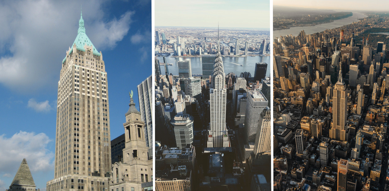 Figure 6. The world’s tallest buildings constructed in the 1930s. From left to right: Bank of Manhattan Building (40 Wall Street) (283 m, 1930), the Chrysler Building (319 m, 1930), and the Empire State Building (381 m, 1931)—all in New York City.